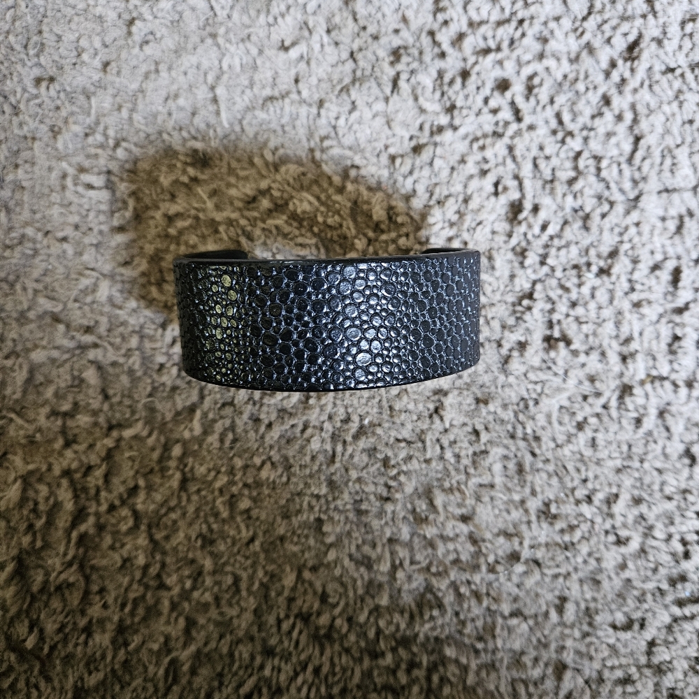 Black Leather and Silver Textured Bracelet